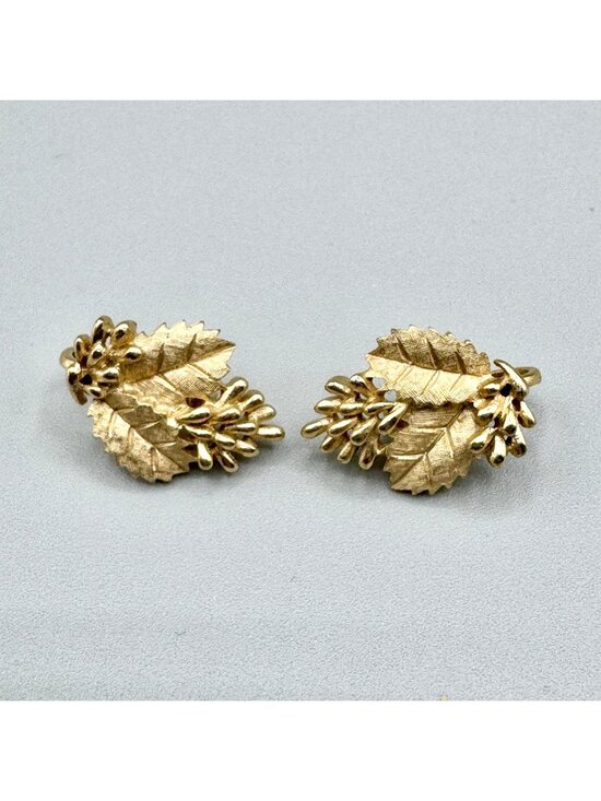 Crown Trifari Jewelry - Vintage Crown Trifari Leaf or Holly and Berry Earrings Gold Tone Clip On Retro